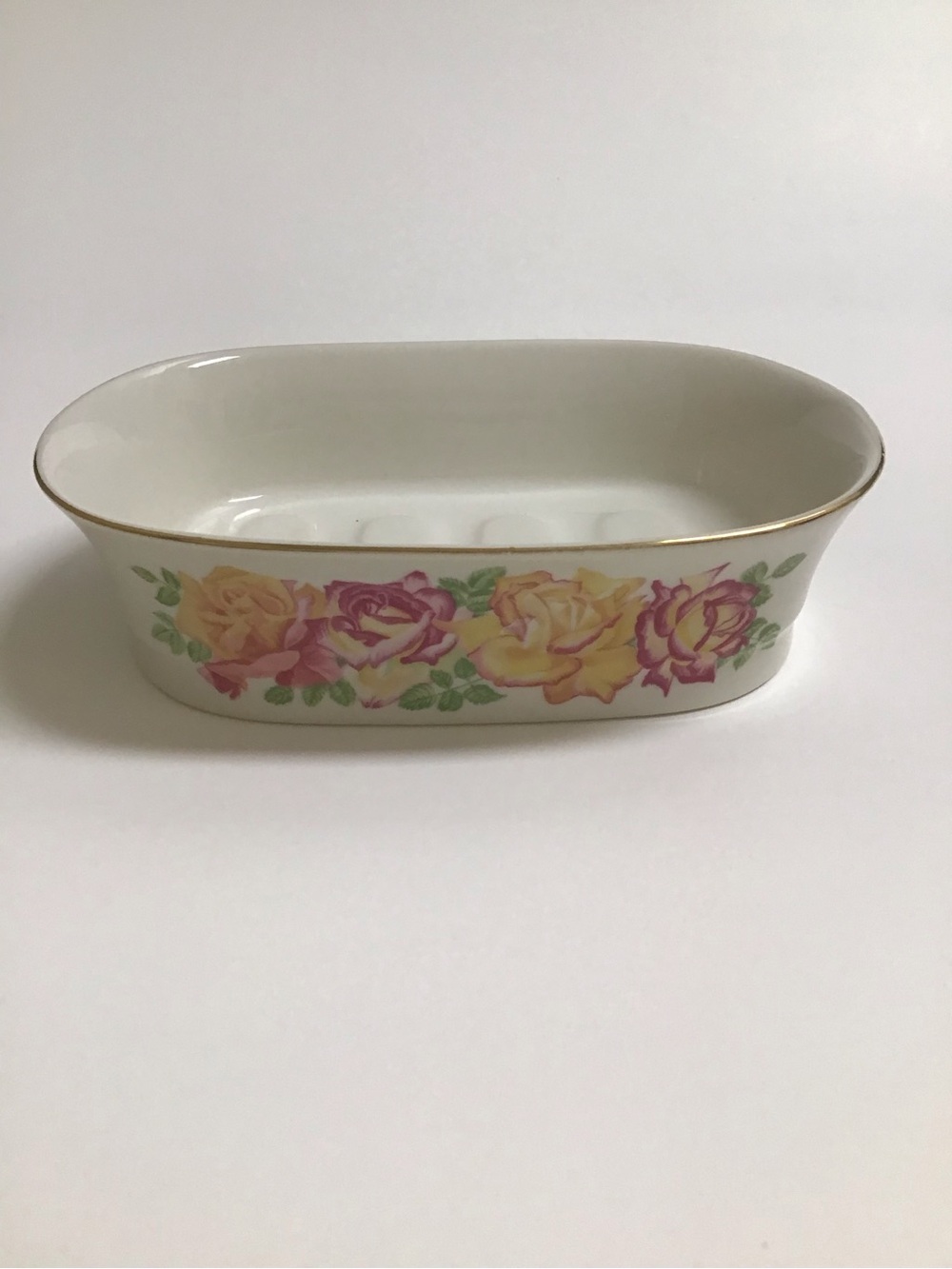Roses Porcelain Soap Dish Oval Gold Rim Japan Yellow Purple Floral Vintage EUC